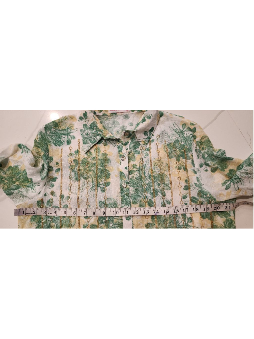Ana & Rose Green Floral Button Down Shirt Women's L Gold Embellished Blouse - Picture 11 of 13